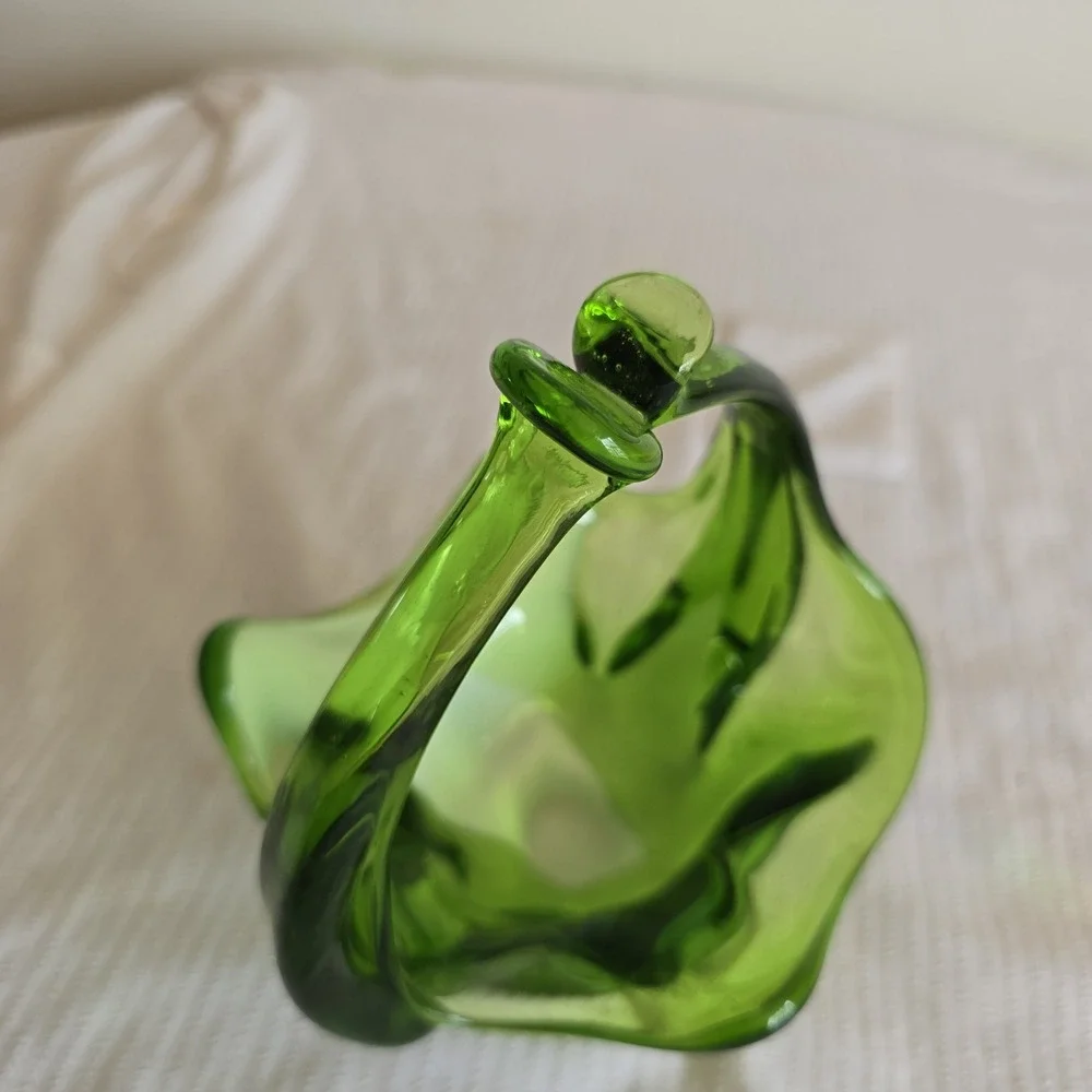 MCM 1960 Emerald Green and White Handblown Glass Basket Candy Dish Bohemian Form